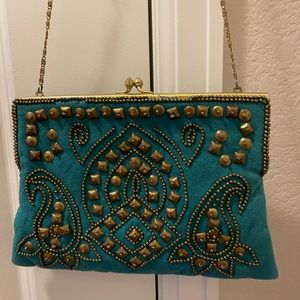 Beaded Moyna clutch with small gold strap